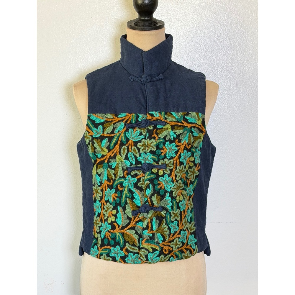 Women's Navy Embroidered Mandarin Collar Vest floral Boho Cottagecore artsy